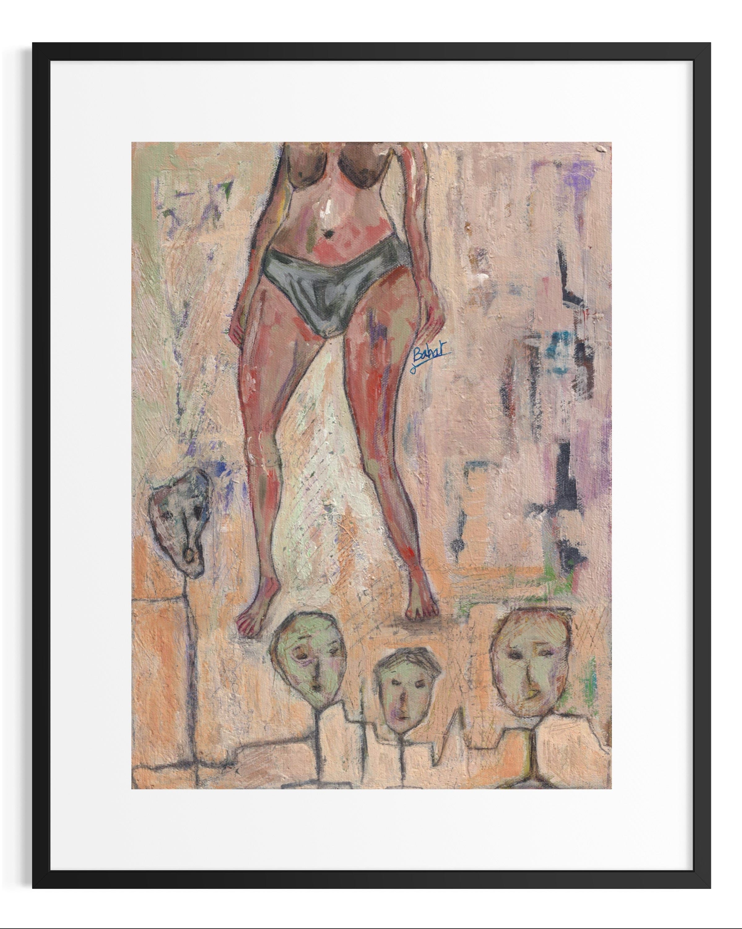 Abstract artwork with a figure and faces on a textured background